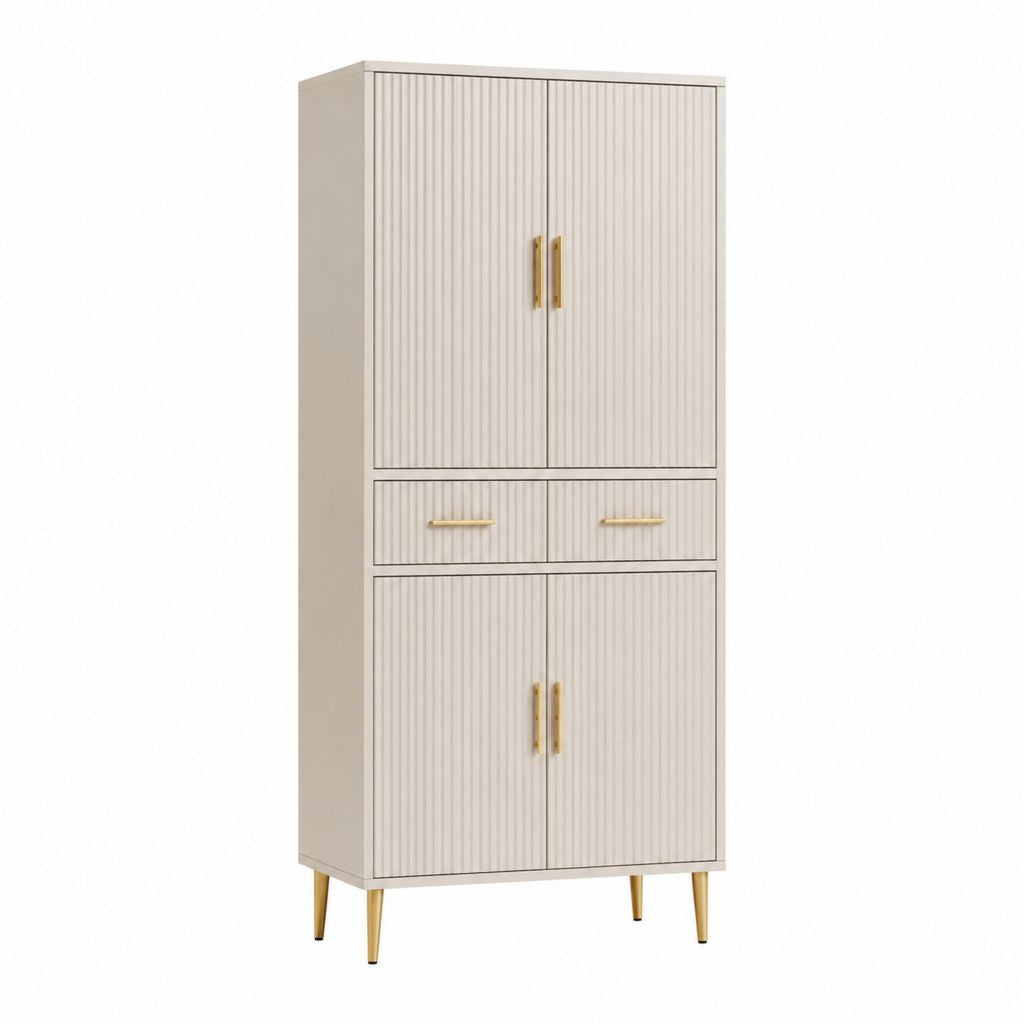 Highboard Schrank Cremeweiß aus Spanplatte mit Rillenfront 80 x 40 x 180 cm