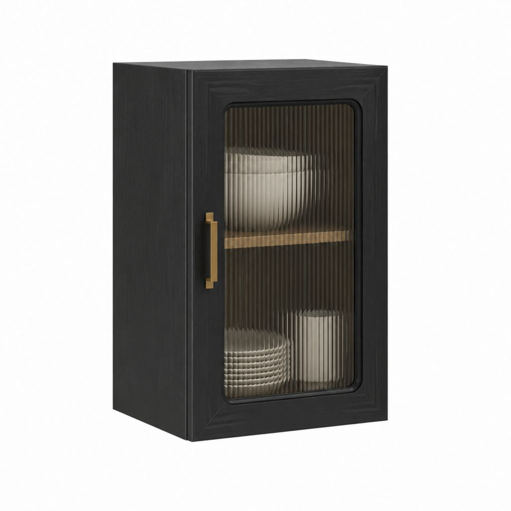 Küchenhängeschrank Schwarz MDF mit Riffelglastür rechteckig 40 x 32 x 72 cm