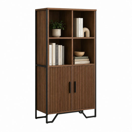 Highboard Sideboard walnussbraun aus Spanplatte mit Stahltgestell 80 x 35 x 180 cm