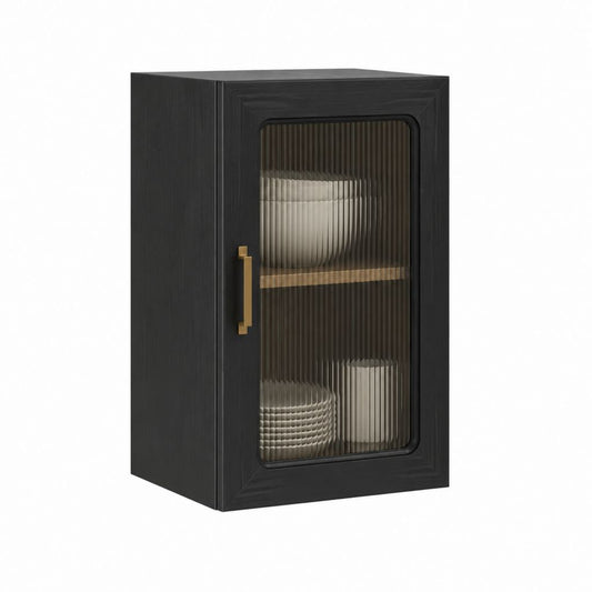 Küchenhängeschrank Schwarz MDF mit Riffelglastür rechteckig 40 x 32 x 72 cm