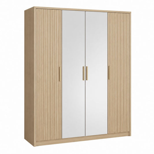 Kleiderschrank mit 4 Drehtüren Spiegeln Eichefarben Weiß Spanplatte 160 x 55 x 200 cm