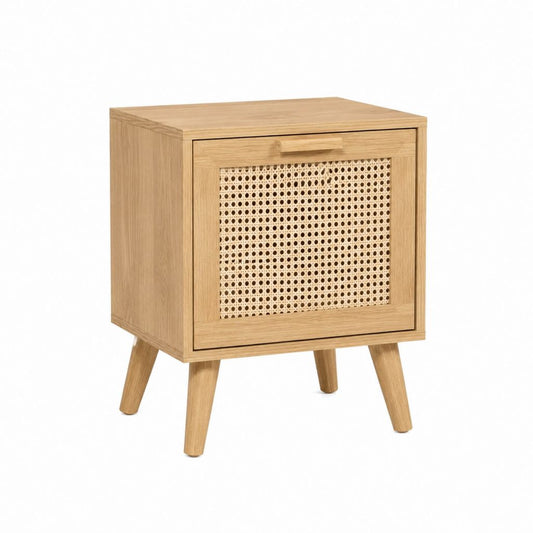 Nachttisch mit Tür Natur Eichenfurnier Rattan rechteckig 45 x 35 x 60 cm