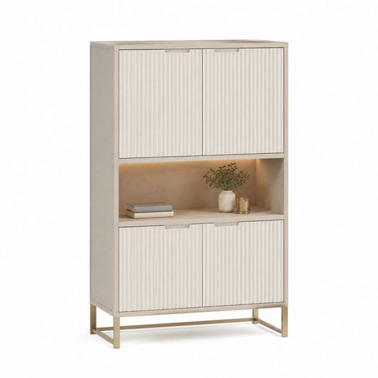 Highboard mit 4 Türen und offenem Fach in Beige aus MDF und Stahl 90 x 40 x 160 cm