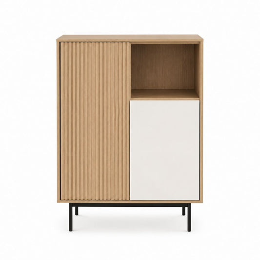 Highboard mit Schiebetür Eichefurnier Weiß Stahl rechteckig 100 x 40 x 150 cm