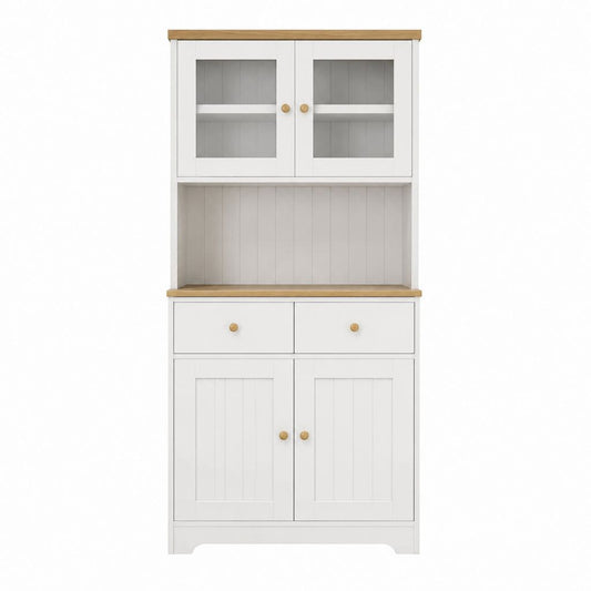 Küchenbuffet Weiß mit Eichenoptik MDF und Glastüren 80 x 40 x 180 cm
