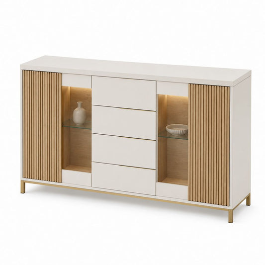Sideboard Weiß Eiche MDF rechteckig mit 2 Lamellentüren 4 Schubladen Glasfächern 160 x 40 x 90 cm