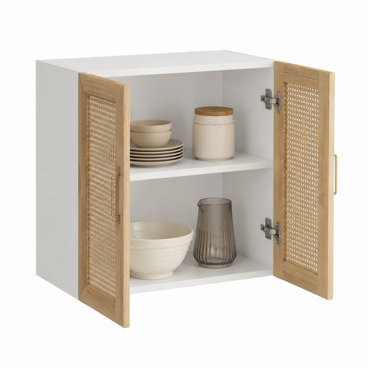 Küchenschrank 60 x 30 x 60 cm Weiß Eicheoptik MDF mit 2 Flechttüren