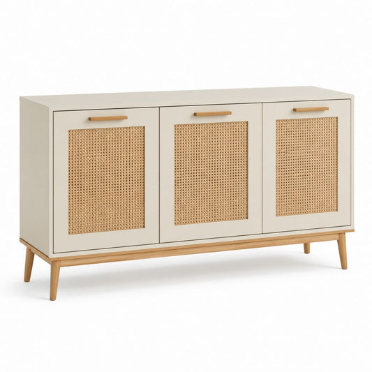 Sideboard mit 3 Türen in Cremeweiß aus MDF und Rattan 120 x 40 x 75 cm
