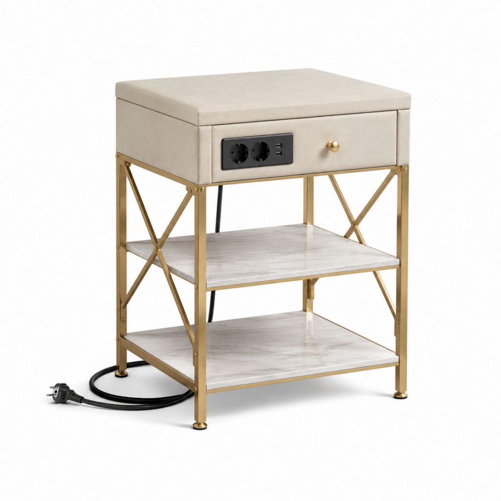 Nachttisch mit Steckdosen Beige Polyestergewebe Stahl Rechteckig 45 x 40 x 60 cm
