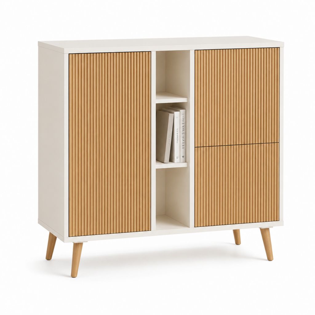 Sideboard Creme Natur mit Lamellenfront aus MDF rechteckig 120 x 120 x 40 cm